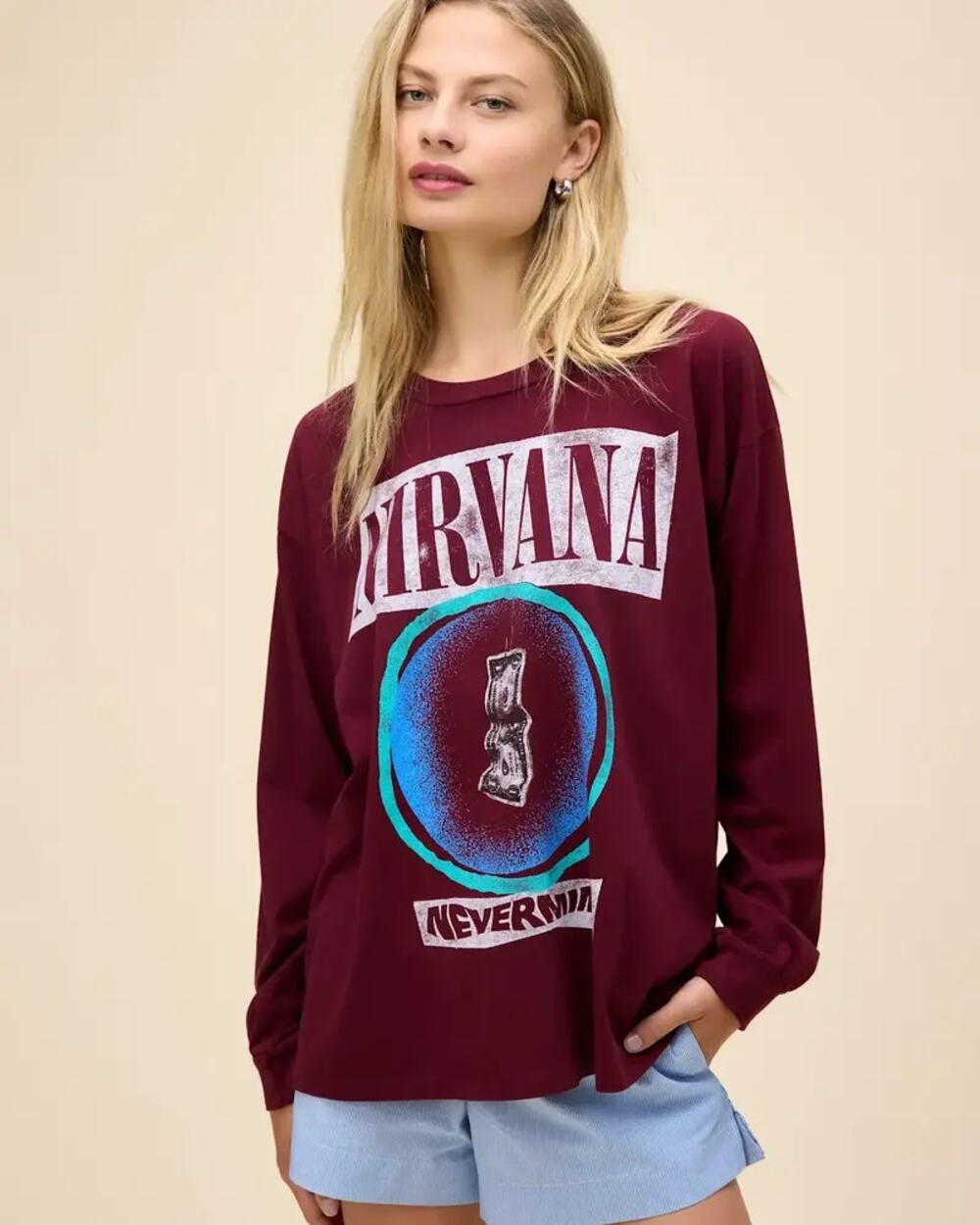 NWOT Daydreamer Nirvana Bait Merch Long Sleeve Graphic Band Tee Burgundy Medium